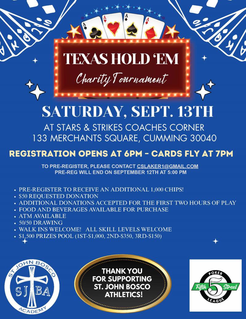 Charity Tournament Supporting St. John Bosco Athletics - Stars and Strikes at 5thstreetpoker.com